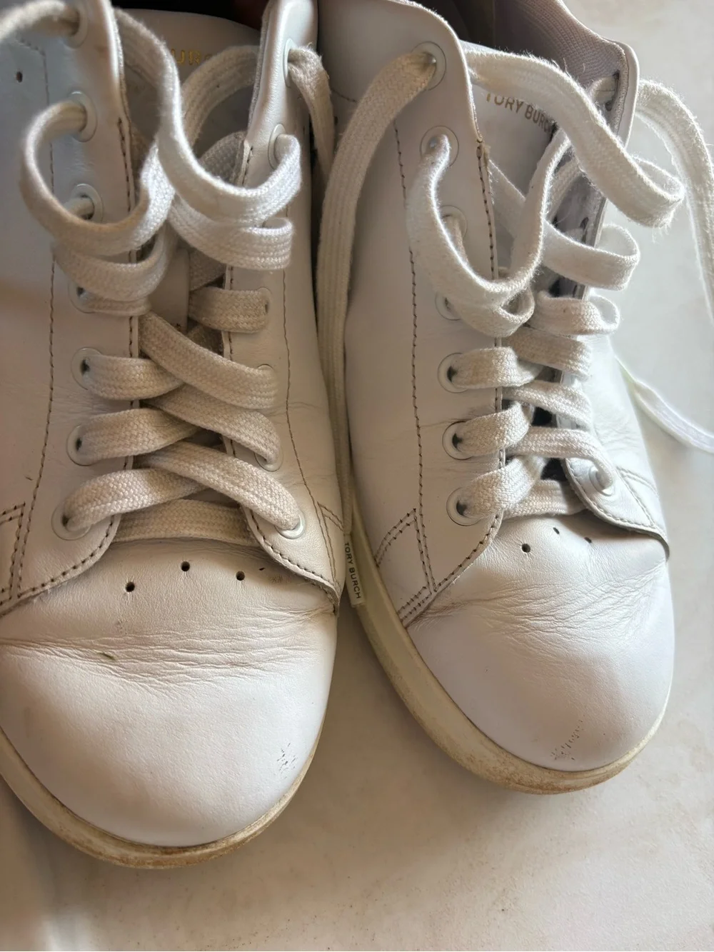 Tory Burch White Leather Sneakers with Black Heel Patch and Gold Emblem